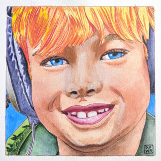“Theo in Headphones” child ink portrait