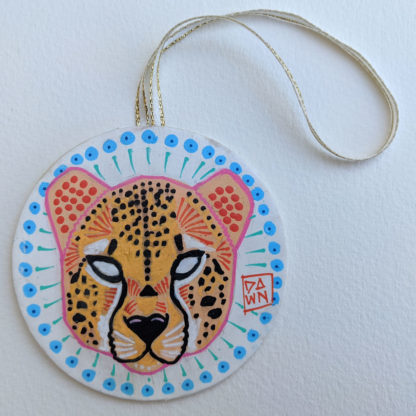 Cheetah hand-painted ornament with ribbon