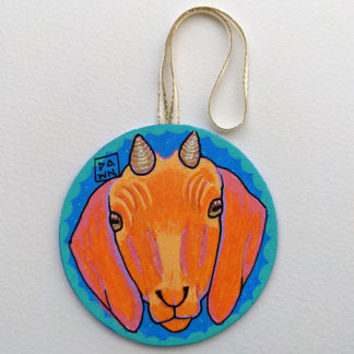 Goat hand-painted ornament with ribbon