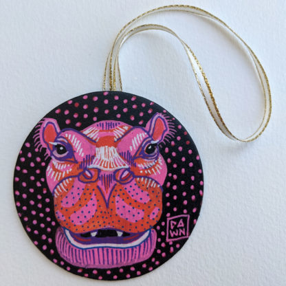 Hippo hand-painted ornament with ribbon