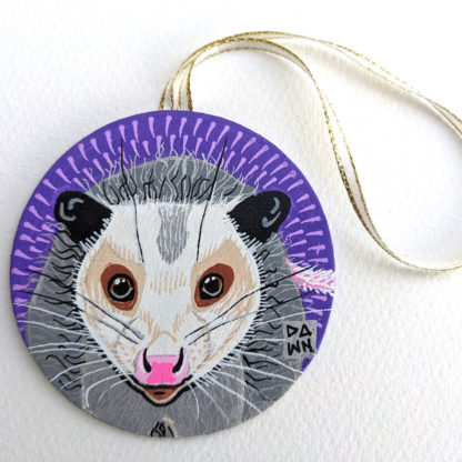 Opossum hand-painted ornament with ribbon