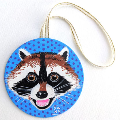 Raccoon hand-painted ornament with ribbon