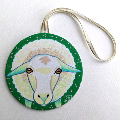 Sheep hand-painted ornament with ribbon